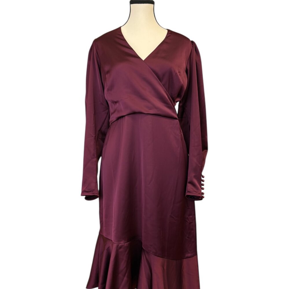 Calvin Klein Wine Coloured Satin Dress with Puff Sleeves (S)